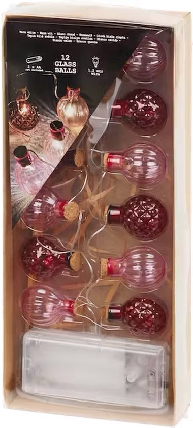 Lichtslinger met glazen ballen 120 cm | Roze ballen - 12 bollen - warm wit licht