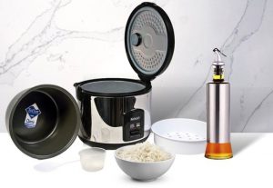 Sogo SS-10085 Deluxe Rijstkoker met Stomer antiaanbaklaag van DupontÂ® Teflon - Inclusief Glazen & RVS Inox Maxenza Oliefles - Perfect voor Heerlijke Rijst en Gestoomde Gerechten