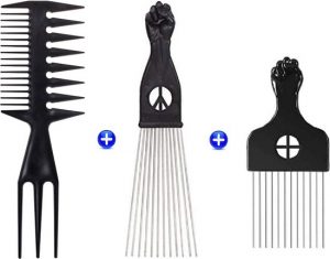 Maxenza Brede 3 Way Kam - Afro Kam - Afro Comb - Afro Pick - Styling Pik Afro Comb - Kappers Kam - Haar Kam Haar Accessoire - Set van 3 Maten en 3 Soorten - Zwart