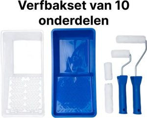 Verfset - 10 delige verfset - verfbakjes met rollers in diverse maten - 2 x Verfbeugel - 4 x Verfroller - 3 x weggooibak - 1 x Hoofdbak