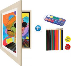 Maxenza Wissellijst - Wissellijst kindertekening - Fotolijst A4 - Set van Vingerverf, 18 Kleurpotloden en een Puntenslijper - Tot 100 A4 tekeningen - Houtlook