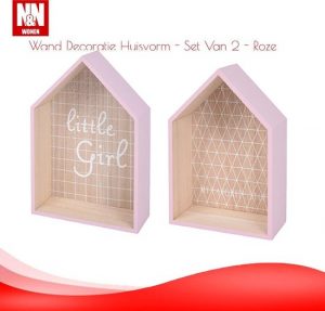 N&N Wonen Wand Decoratie Huisvorm - Set Van 2 - Roze
