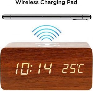 SaiZIi Houten Wekker Draadloos Opladen - Inclusief USB Oplader