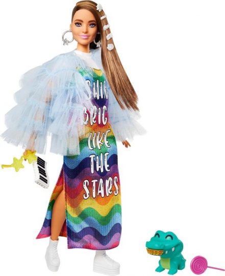 Barbie Extra Doll in blauw jasje met ruches en krokodil huisdier - Modepop - Barbiepop