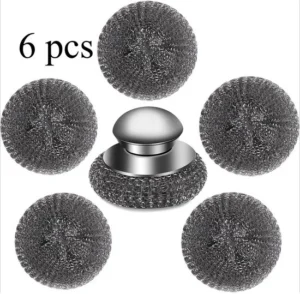 Schuursponsjes 6 stuks - Roestvrijstalen Spons met Handvat- Staalspons Roestvrij Staal - Pannenspons - vaatwasserbestendig