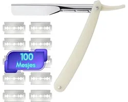 Maxenza Shavette Scheermes - Klapmes - Met 100 Scheermesjes - Klassiek Open Scheermes - Kappersmes - Barbiermes - Wit