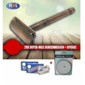 RSL Klassiek Open Barbiersmes Razor Bronze + 20 Scheermesjes + 15x Zoom Scheerspiegel