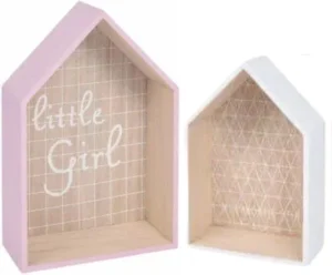 2 Stuks Minimalist Decoratieve Houten Wandhuis Set Voor Meisjes - Wit en Roze